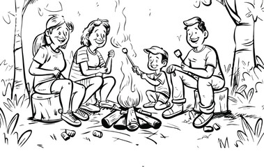 Campfire, family enjoying warmth. White background 