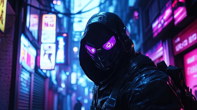 Stealthy Ninja in Futuristic Cyberpunk Alley: A Captivating Poster for Sports Interiors, Featuring a Mysterious Figure with Vivid Purple Eyes Amidst Holographic Advertisements.