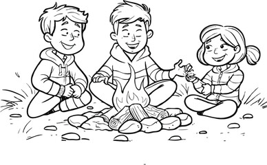 Campfire, family enjoying warmth. White background 