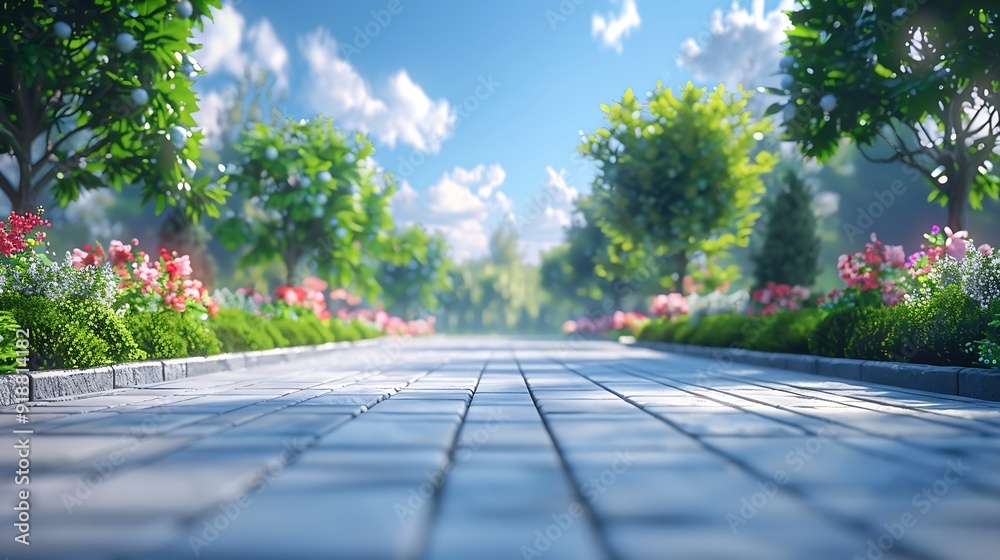 Poster empty street at the nice and comfortable garden background with nice blue sky : generative ai