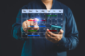 Futuristic digital calendar managed by touch by a businesswoman.