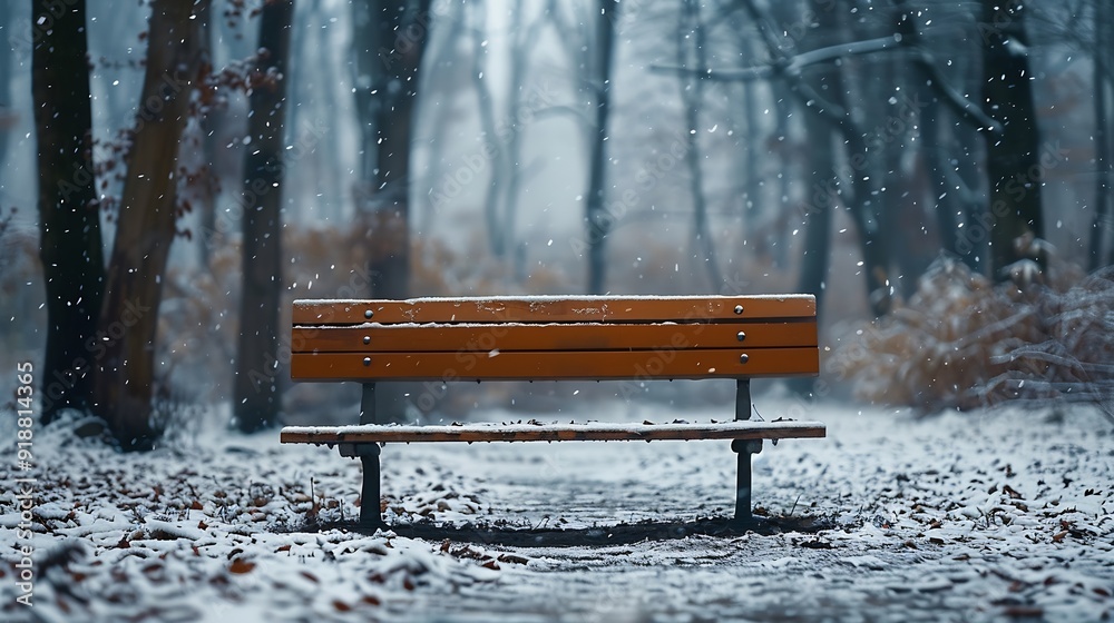Poster bench covered with snow in frozen forest empty bench in snowy park winter weather wooden bench in pa