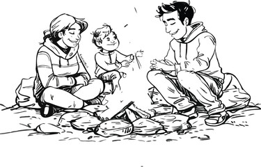 Campfire, family enjoying warmth. White background 