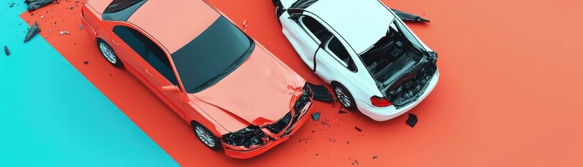 An aerial view of a car collision featuring an orange and a white vehicle on a colorful background.