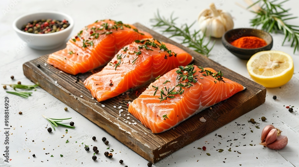 Poster wooden board with raw salmon steaks and different spices on white background : generative ai