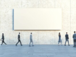 Contemporary Urban Wall Mockup with Motion Blur of Pedestrians - Daytime, Warm Atmosphere, Minimalist Ambiance