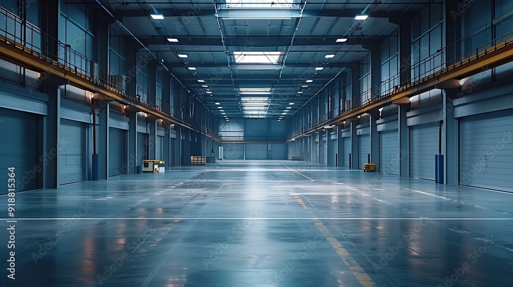 Poster large bright and empty warehouse : generative ai