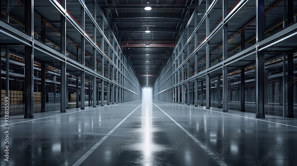 Poster large storage warehouse there is a walkway in the middle between the shelves : generative ai