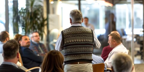 A photo of an Indian man wearing formal attire and giving a presentation in front of people at the office, shot from behind as the person is facing away, with some blurred figures sitting and listenin