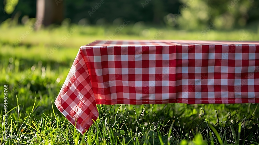 Poster red checkered tablecloth on grassempty space blank food design advertisement template picnic place c
