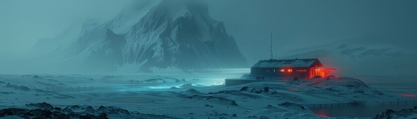 A serene winter landscape featuring a glowing cabin amidst snow-covered mountains and a mysterious, foggy atmosphere.