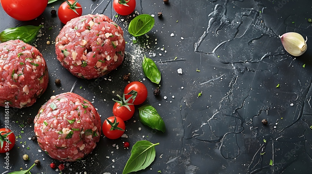 Wall mural Raw Caul Fat Meatballs burger cutlets fresh meat Gray background Top view Copy space : Generative AI