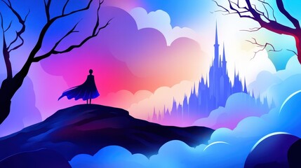 Enigmatic dark castle looms over foggy hills, shrouded in mystery beneath a cloudy sky, captivating wanderers with its allure.