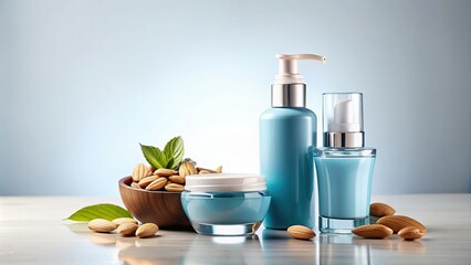 Elegant skincare essentials set with a blue pump bottle, cream jar, and almonds , skincare, elegant, essentials, blue