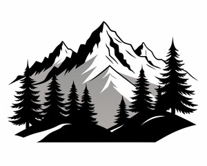 Minimalist mountain massif in the Alps with pine trees, flat design, black and white, vector Illustration white background