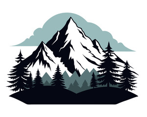 Minimalist mountain massif in the Alps with pine trees, flat design, black and white, vector Illustration white background