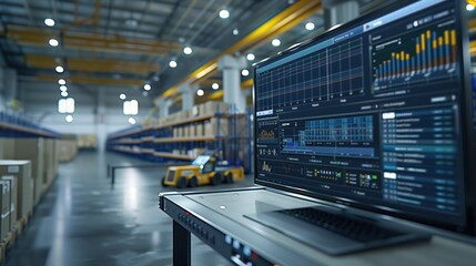 Obraz premium Supply Chain Software in Modern Warehouse Environment. Computer screen displaying supply chain software in a modern warehouse, enhancing inventory management and operational efficiency.
