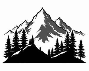 Minimalist mountain massif in the Alps with pine trees, flat design, black and white, vector Illustration white background