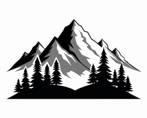 Obraz premium Minimalist mountain massif in the Alps with pine trees, flat design, black and white, vector Illustration white background
