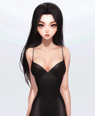 Fototapeta premium A stunning illustration of an Asian girl in a sleek black dress, blending light silver and pink in a vibrant dinopunk style.