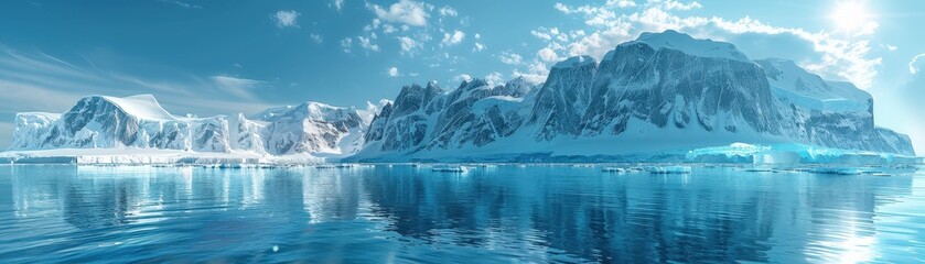 A stunning icy landscape featuring majestic glaciers reflecting in calm blue waters under a bright sky.