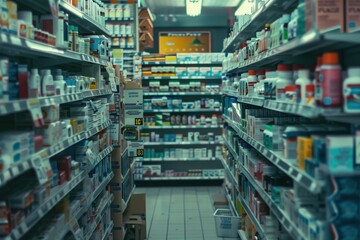 in the pharmacy, shelves filled with various medicines, medical supplies and medicines