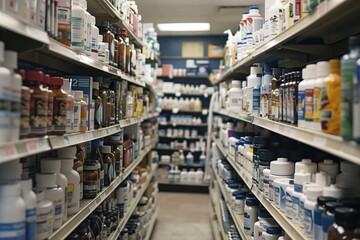 in the pharmacy, shelves filled with various medicines, medical supplies and medicines