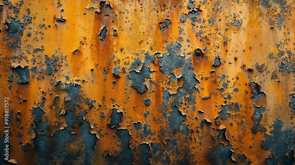 Poster orange rust stains on weathered steel plate or top view yellow iron table and old brown metal wall f