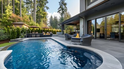 New home beautiful backyard with custom pool with fire pit : Generative AI