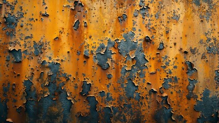 Fototapeta premium orange rust stains on weathered steel plate or top view yellow iron table and old brown metal wall from moisture to tetanus for dirty dark board background to red blue retro backdrop a : Generative AI
