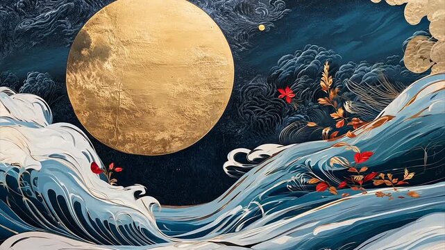 Animated Kanagawa wave in Ukiyo-e style print with the full moon rising in gold leaf in the background.