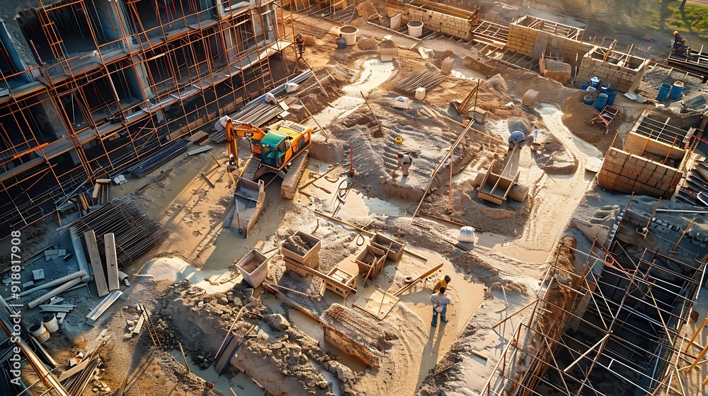 Poster construction site of buildings pouring cement top view new screed concrete with leveling mortar for 