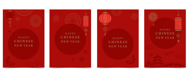 Happy Chinese New Year on red background with firework,lantern.Editable vector illustration for vertical A4 design