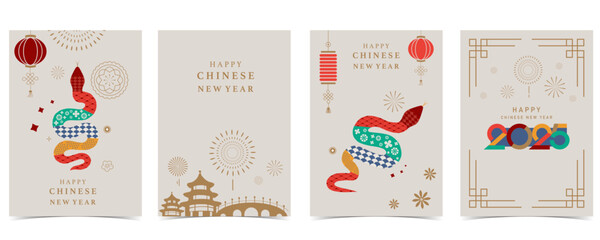 Naklejka premium Happy Chinese New Year on red background with snake,lantern.Editable vector illustration for vertical A4 design