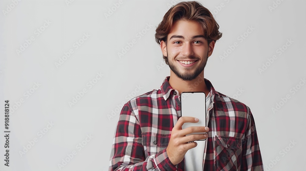 Aufkleber Handsome young man holding a smartphone mockup with a blank screen and smiling on a white background Celebrating success Gadget with empty space for mockup banner app : Generative AI
