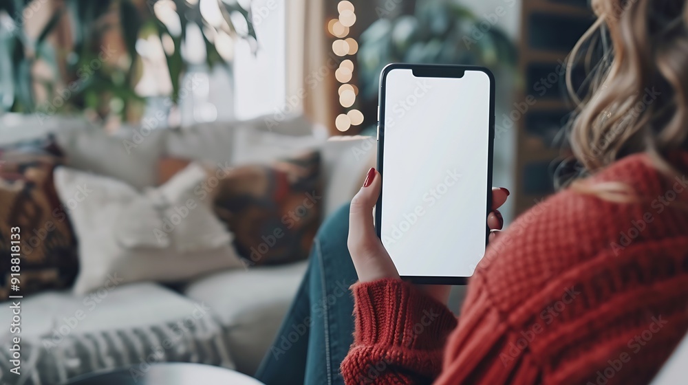 Poster mockup image of a woman holding and using mobile phone with blank desktop white screen at home : gen