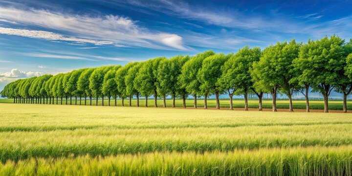 Rows of lush trees in a wheat field serving as a windbreak and boundary for farmers' farmland in a rural landscape