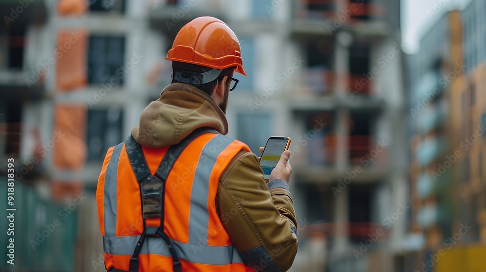 Poster construction engineer using mobile smart phone on site during inspection selective focus : generativ