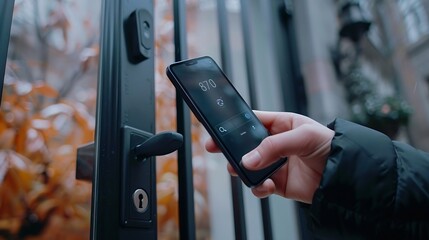 Person is holding a smartphone unlocking a smart lock system of an apartment door with a digital key : Generative AI