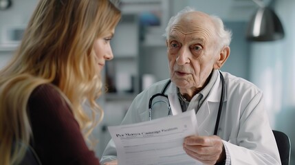 Obraz premium Medical consultant giving documents to senior patient for signature : Generative AI