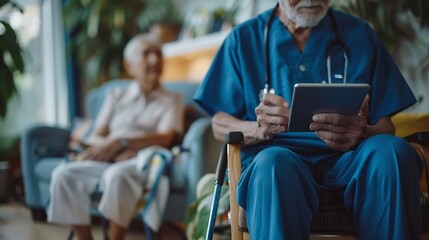 Obraz premium Senior man nurse and tablet for diagnosis in home healthcare and talking on recovery treatment Caregiver consulting and old person with disability cane and planning for medical rehabil : Generative AI