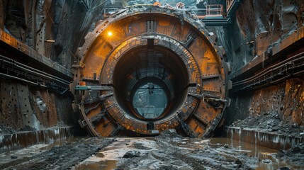 Front-facing view of a tunnel boring machine deep within an underground tunnel, showcasing its formidable drilling capabilities and engineering marvel.