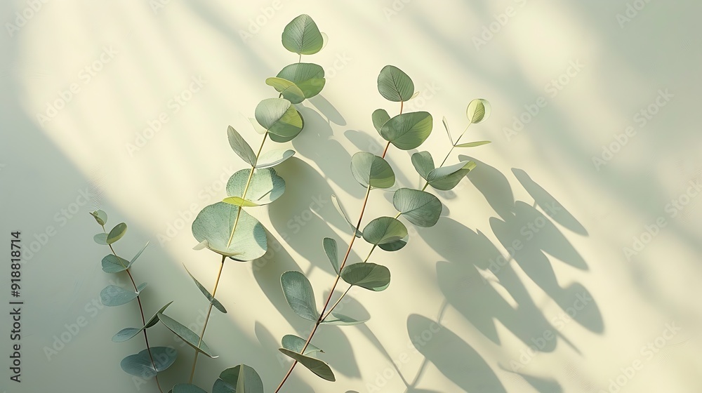 Poster green eucalyptus branch with shadows on empty light grey background backdrop for natural product pre