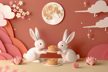 Obraz premium Chinese Mid Autumn Festival design with cute rabbits and moonckae