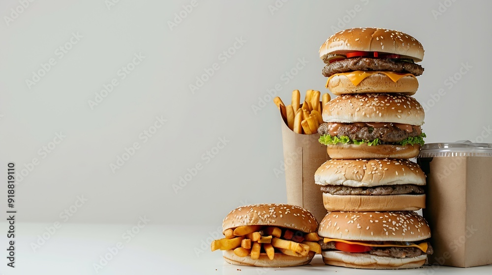 Poster Stack of fast food Boxes on white Background : Generative AI