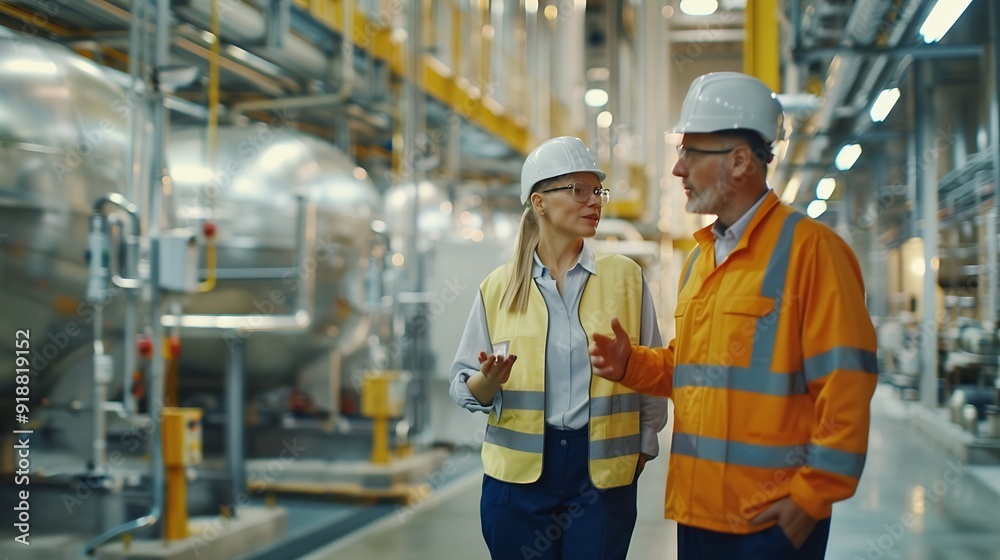 Poster Two Engineers Talking Walking Across Empty Factory Floor Inspecting Planning Where All the Machinery Would go Professionals Industrial Designers Strategizing about New Manufacturing Pl : Generative AI