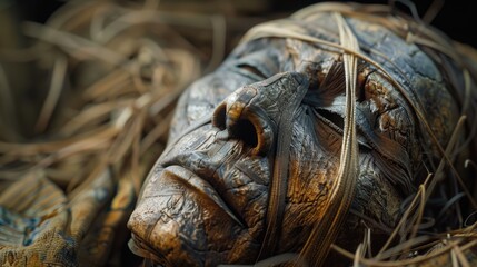 A detailed view of a wooden figurine, possibly an art piece or decorative item