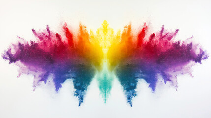 A symmetrical burst of rainbow-colored powder in a pristine white space