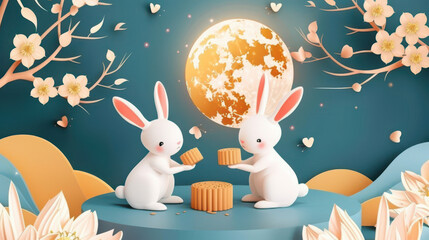 Obraz premium Chinese Mid Autumn Festival design with cute rabbits and moonckae