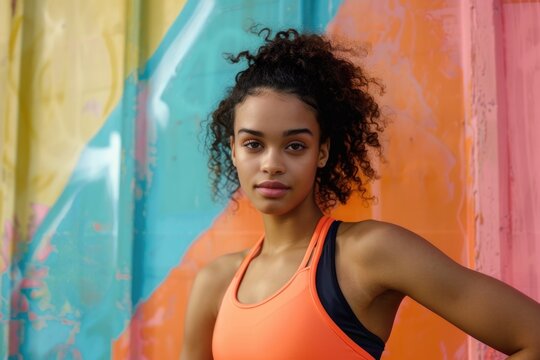 A woman wearing an orange tank top stands in front of a vibrant and colorful background